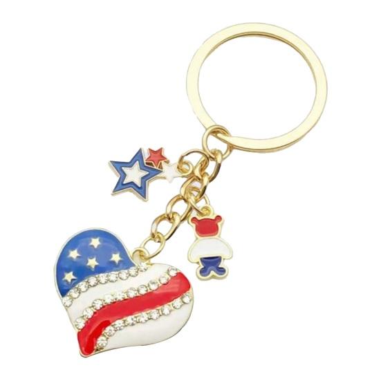 Independence Day Keychain Pendant, Enamel Zinc Alloy Key Holder with USA Letters Stars Hearts Patriotic Design, American Flag Accessory