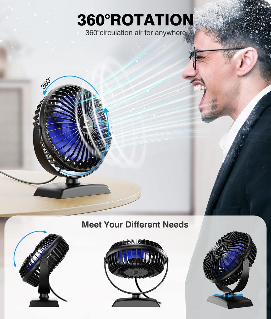 JZCreater Quiet USB Desk Fan with Angle 3 Speed USB Mini Heatstroke Suitable for and Car 360° Adjustment, Settings, Ultra-Low Noise, Powered,