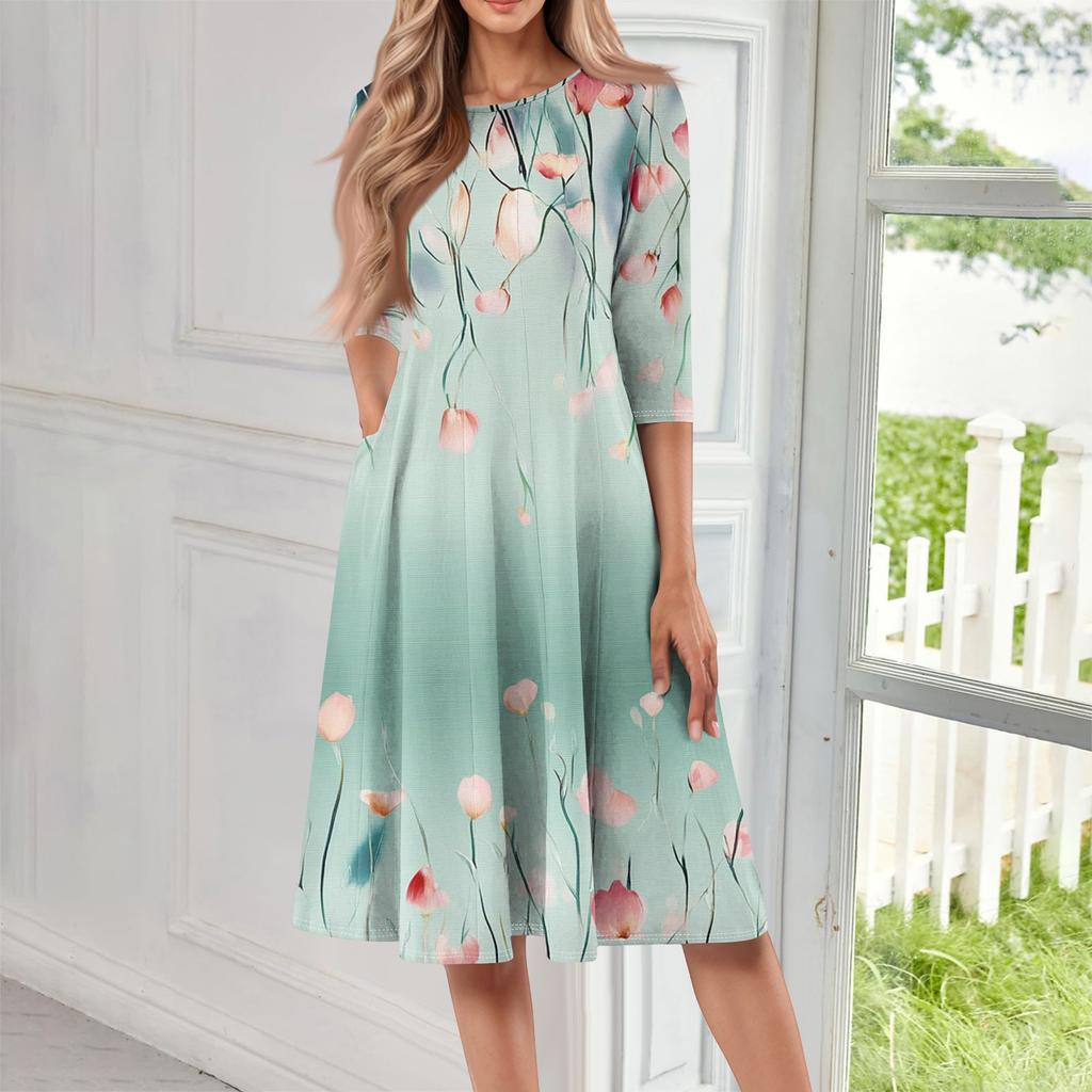 Women's Casual Fashion Round Neck Three Quarter Sleeve Print Midi Dress