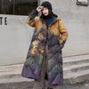 Women White Duck Down Long Jackets Thick Warm Hooded Down Overcoats Autumn Winter Loose Casual Print Outerwear
