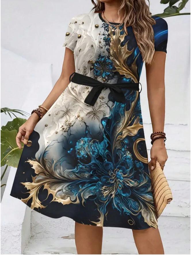 2026 Women's Casual Printed Belted Dress, European & American Summer Bestseller