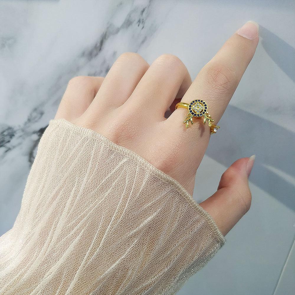 Adjustable Rotating Zircon Ring For Women Anti Anxiety Stress Relief Deer Design Open Band Jewelry