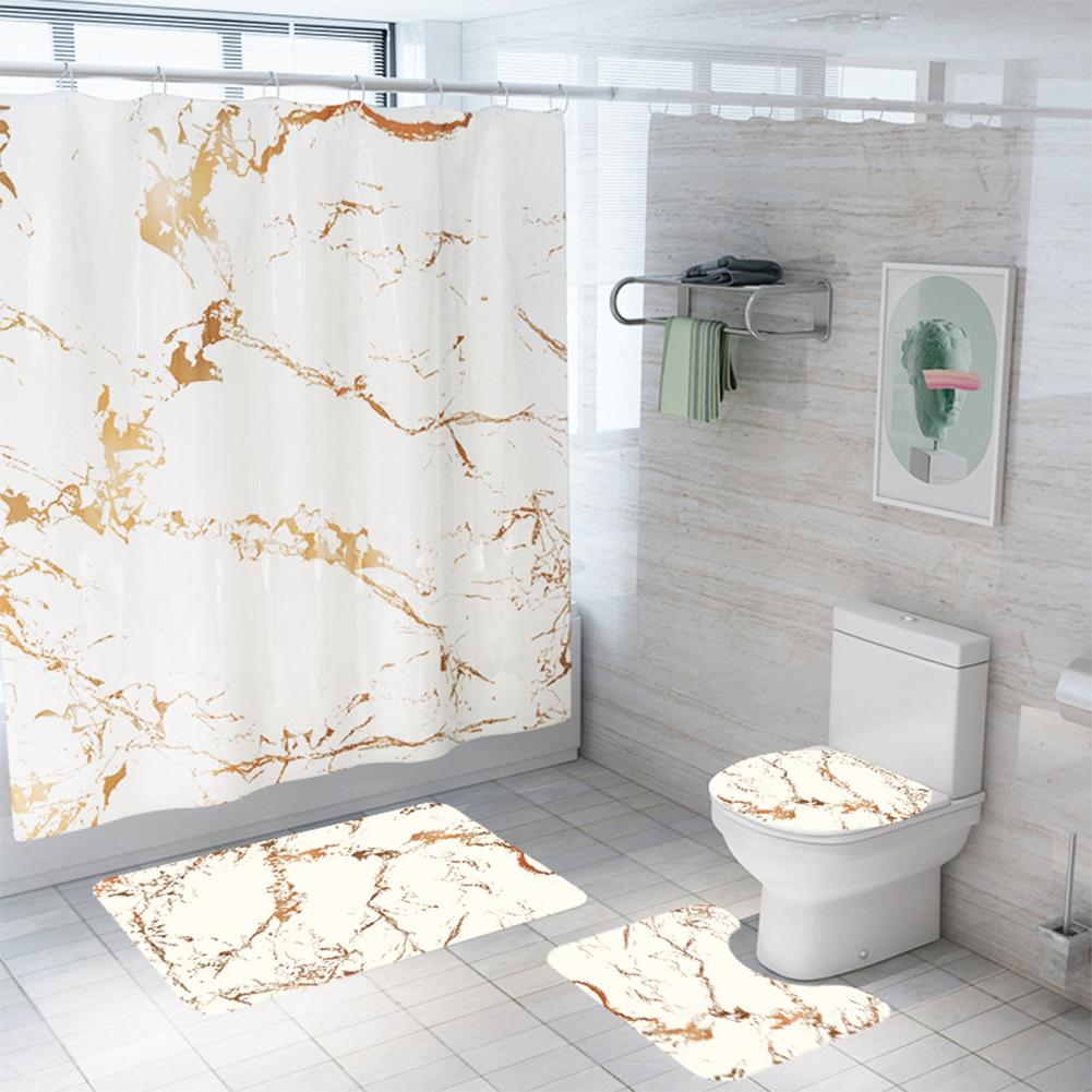 Marble Printed Shower Curtain Rug Lid Toilet Cover Mat Bath Mat Set Bathroom Curtains with 12 Hooks