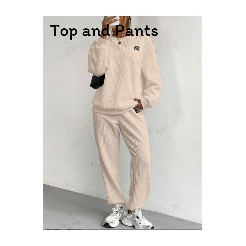 Autumn Winter Trendy Geometric Pattern Knit Pantsuit For Women Casual Lounge Wear