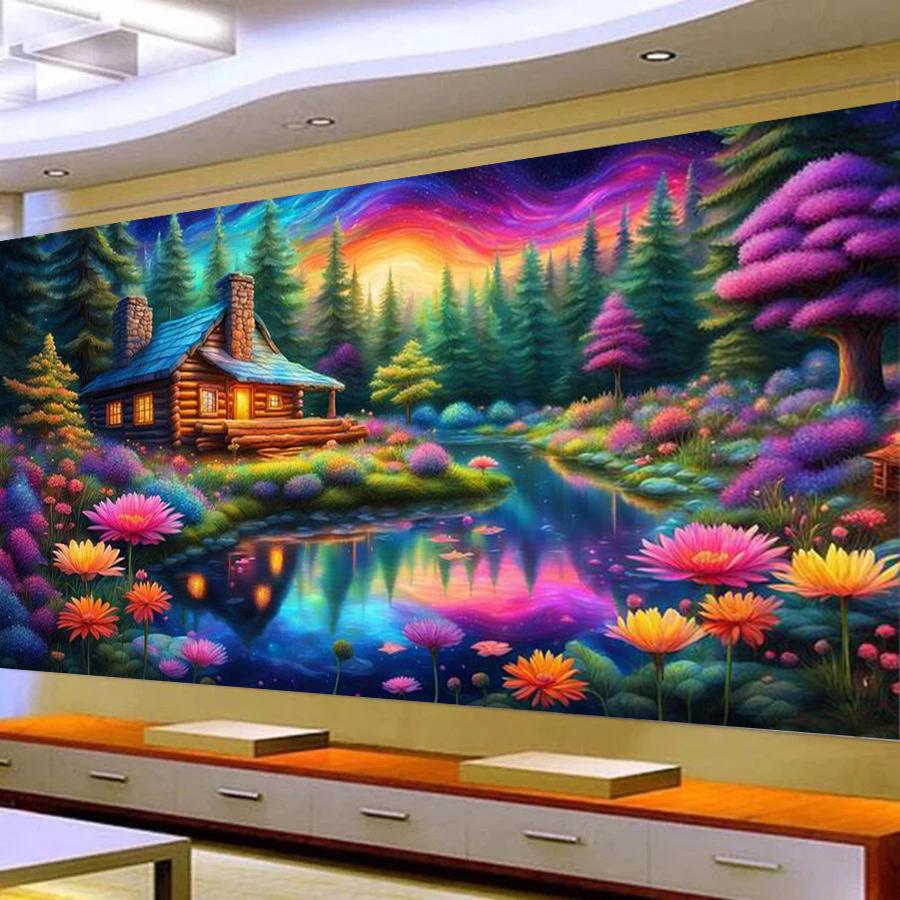 

Пейзаж Лісової Хатини Великий Розмір Алмазна Мозаїка DIY Повний Квадратний Круглий Страз Вишивка Пейзаж Мозаїка Набори Хрестиком Декор Стіни Round drill 50x100cm