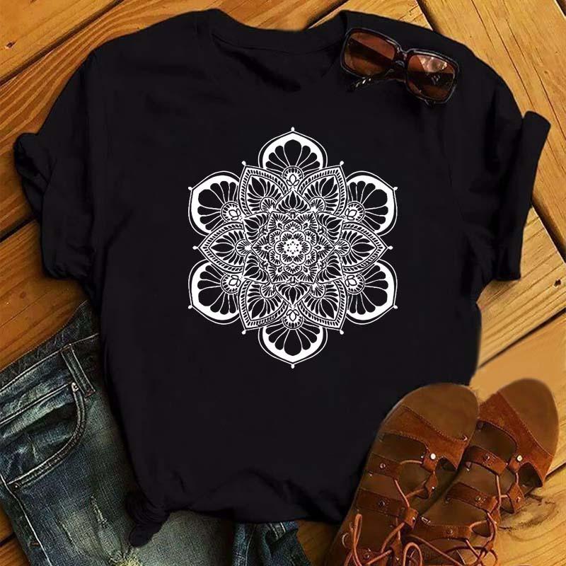 New Mandala Printed T-shirt for Women's Casual Fashion T-shirt Loose Short Sleeve Girl Aesthetic Black T-shirt Top