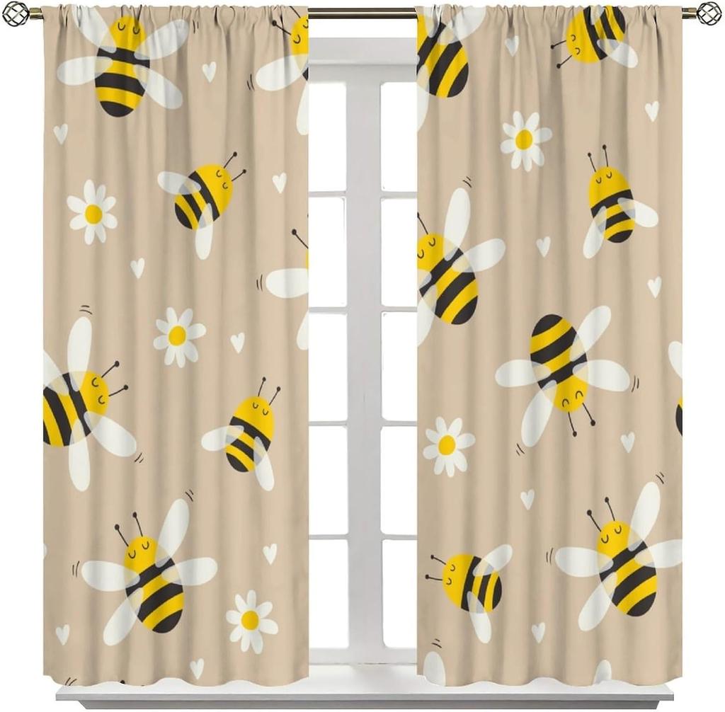 Rustic Honey Bee Curtains Honeycomb Daisy Floral Window Treatments Insulated Drapes Panel Sets Curtain With Rod Pocket Thermal Polyester