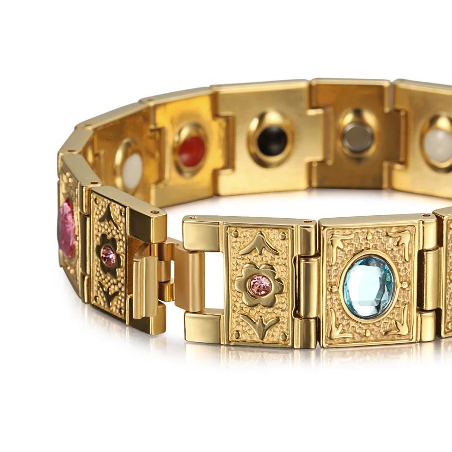 Schweres Punk Goldfarben Edelstahl Bio-Energie Kettenarmband Herren Wonen HipHop CZ Zirkon Gesundheit Magnetisches Armband Schmuck
