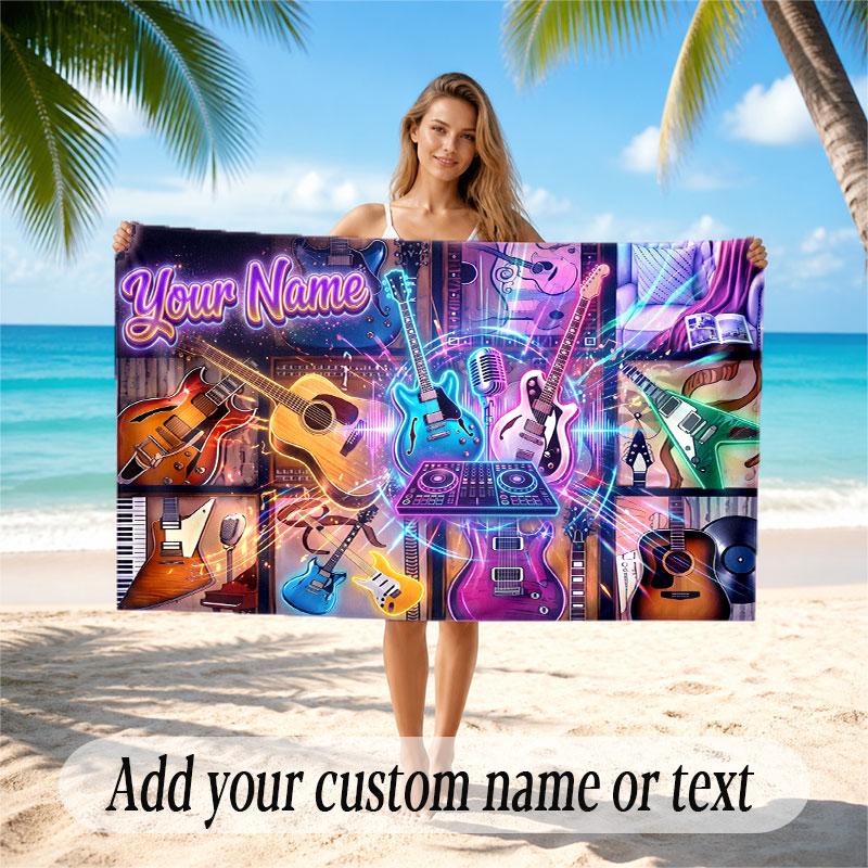Music Guitar Theme Beach Towel Personalized Custom Name & Text Soft Quick Dry Beach Towel for Swimming Travel