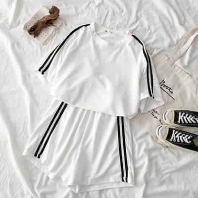 Striped Short Sleeve Women 2Pcs Tracksuit Set Summer Casual Loose Sports Suit T Shirt Shorts Set