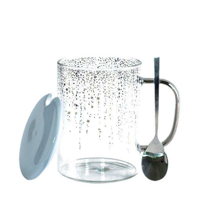 Tazza d'acqua Cielo Stellato in Vetro Oro e Argento da Tenere in Mano a Casa con Coperchio e Cucchiaino Tazza da Caffè Tazza da Ragazza dall'Aspetto Sofisticato