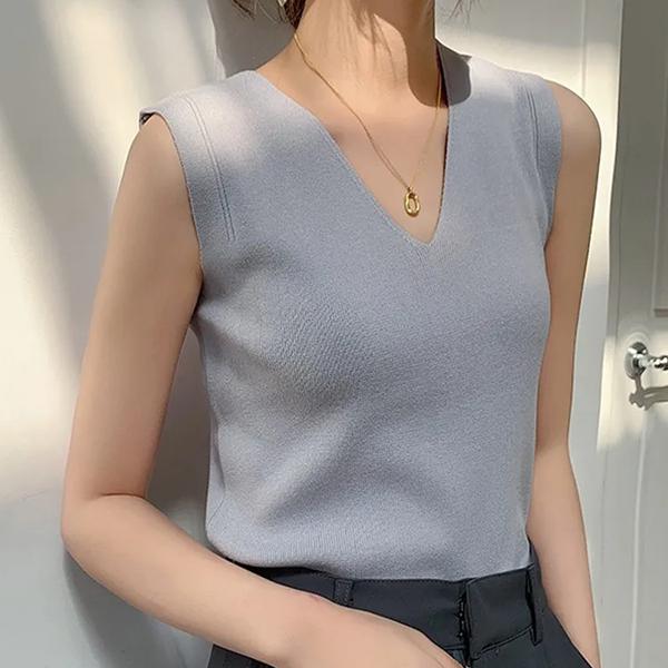 WTEMPO Tricotaj de primăvară toamnă pentru femei Veterinări cu decolteu în V Cămăși fără mâneci cu partea inferioară interioară Elegantă Casual Versatile Topuri din mătase de gheață