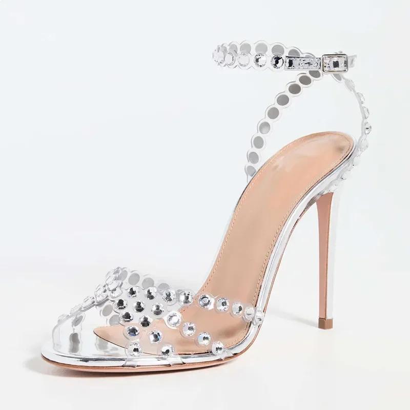 Luxury Rhinestone Designer Women Sandals Sexy Narrow Band Ankle-Wrap Thin High Heels for Women Summer Elegant Banquet Dress Shoe