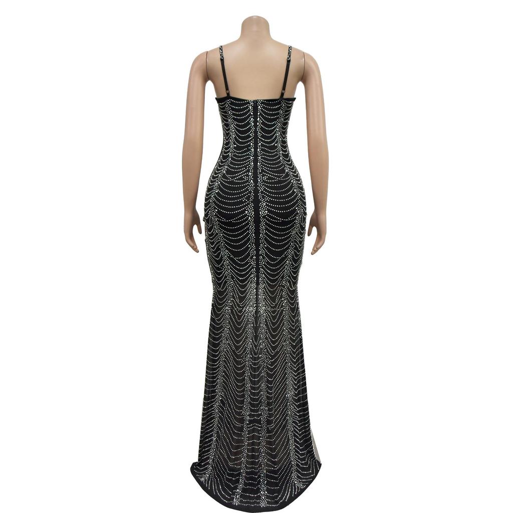 Women's Fashion Long Dress: Solid Color Mesh with Hot Drilling and Strappy Design
