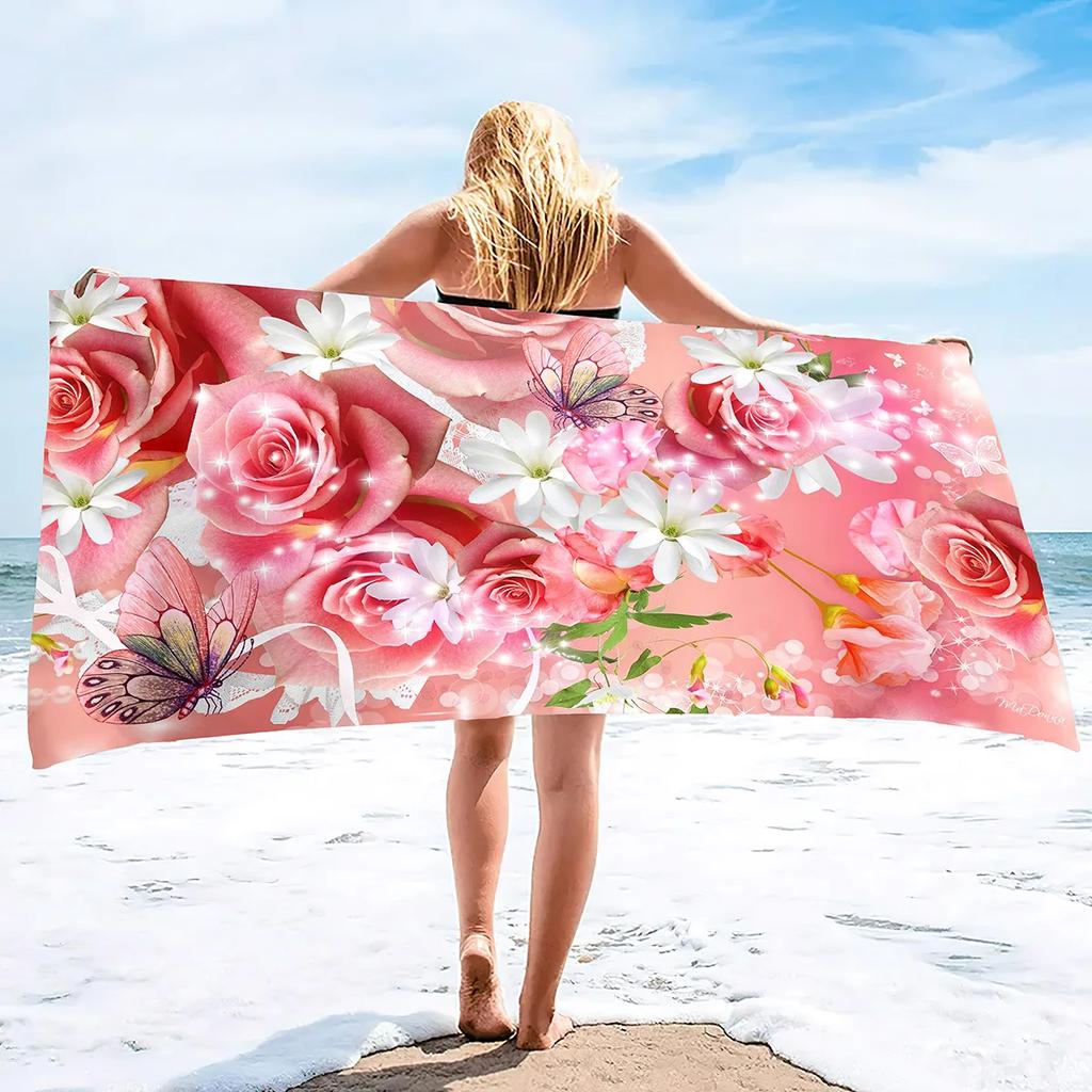 Beach Towel Rose Lightweight Terry Fabric Quick Dry Sandless Travel Absorbent Oversized Towel for Pool Swimming Bath Camping