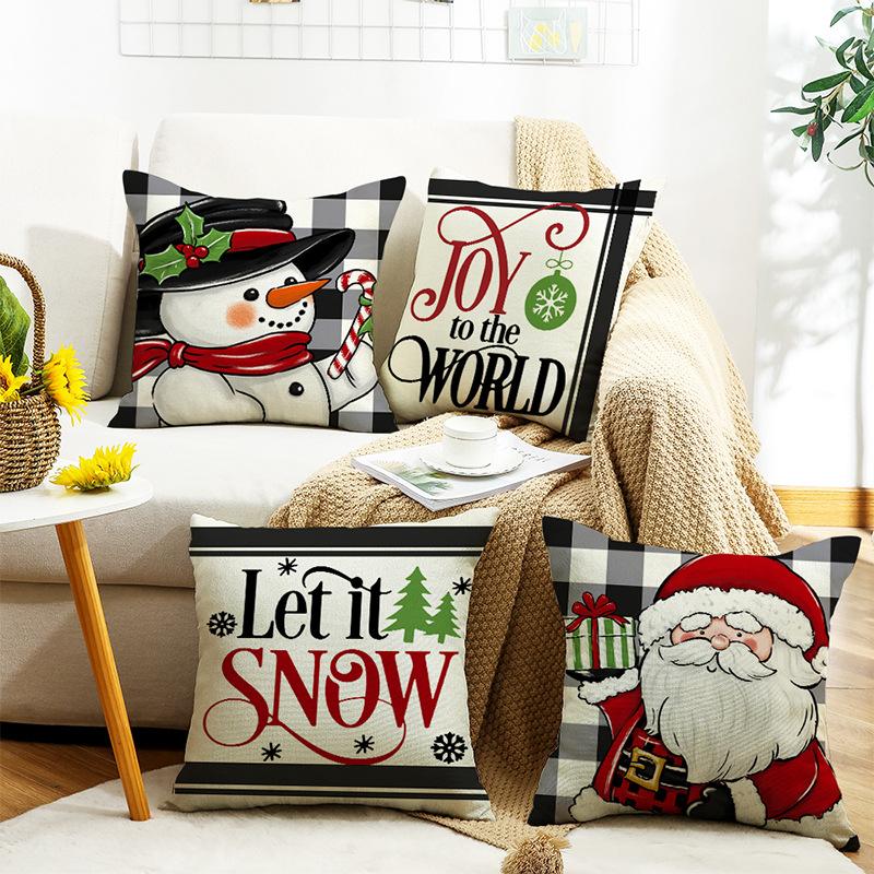 New Christmas Black and White Plaid Letter Print Linen Pillow Home Cushion Pillow Case
