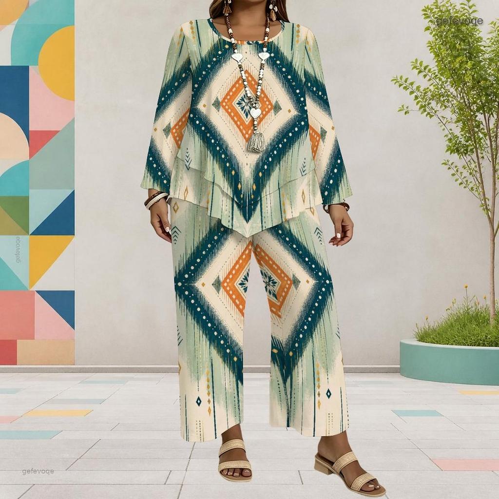 Women Plus Size Round Neck Long Sleeve Printed Layered Top Wide Leg Cropped Pants Two Piece Set