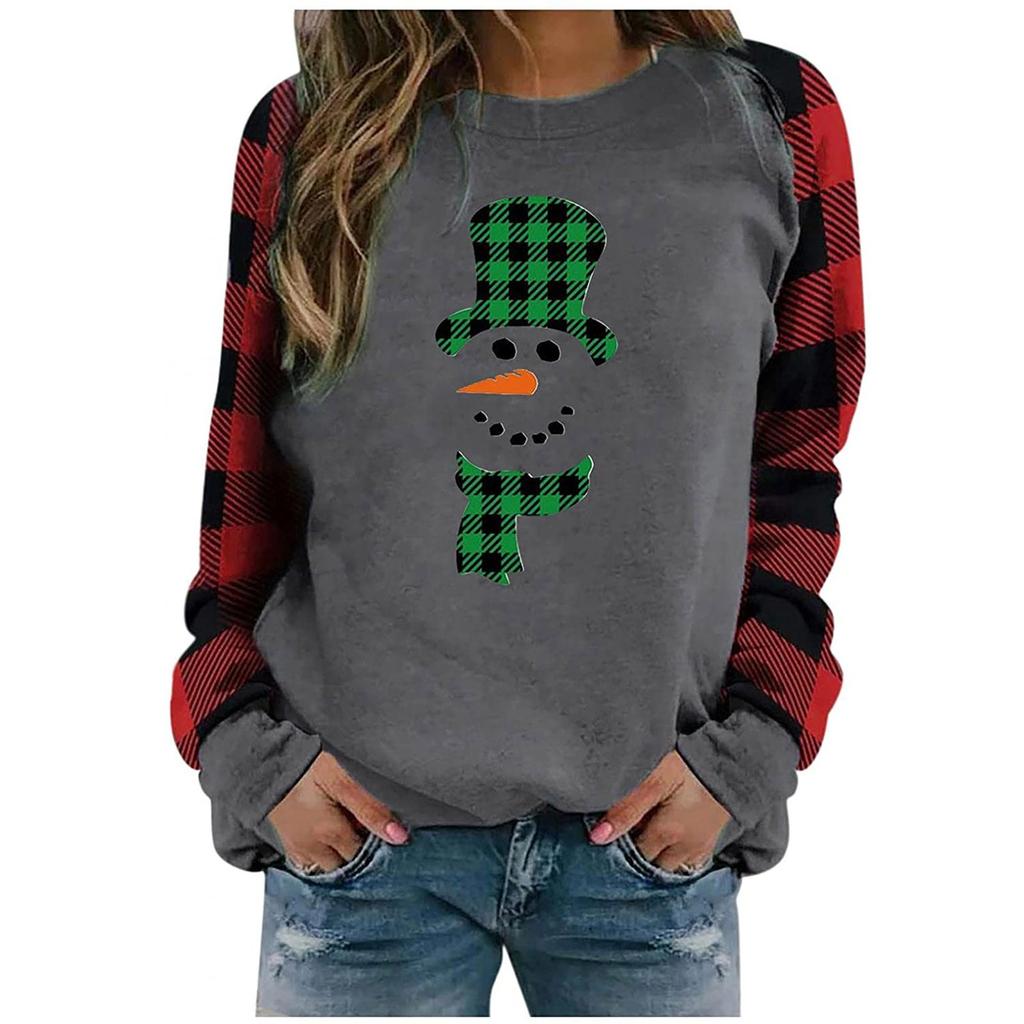 Damenmode Plaid Patchwork Weihnachtsdruck Rundhals Langarm T-Shirt Top