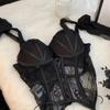 Hollow Mesh Women Lingerie Uniform Passionate Set Bow Lace Corset Suspender Vest  Spring Summer