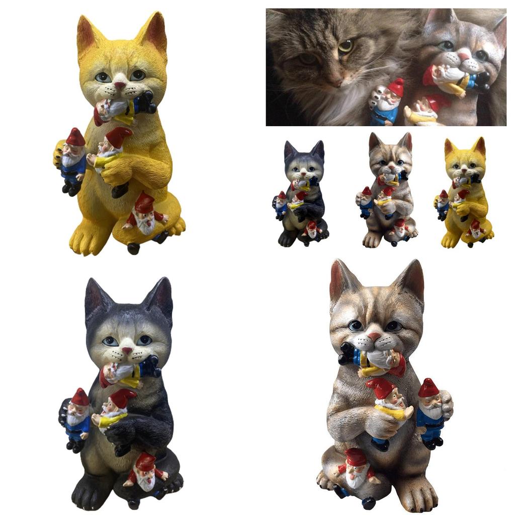 Whimsical Garden Decor Resin Statue Of Cat With Dwarf Handcrafted