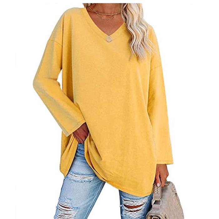 Super Large Multi-color Loose V-neck Women's T-shirt with Drop Shoulder Sleeves