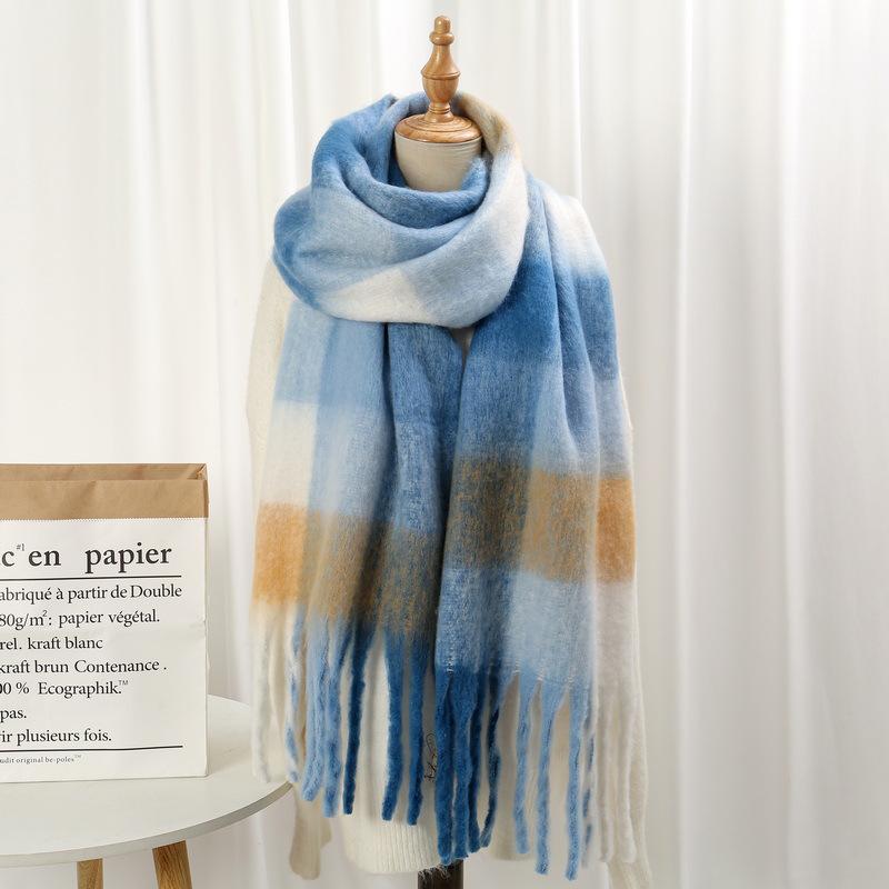Rainbow Mohair Plaid Scarf - Thick, Chunky, Warm Winter Tassel Neck Warmer in Four Colors