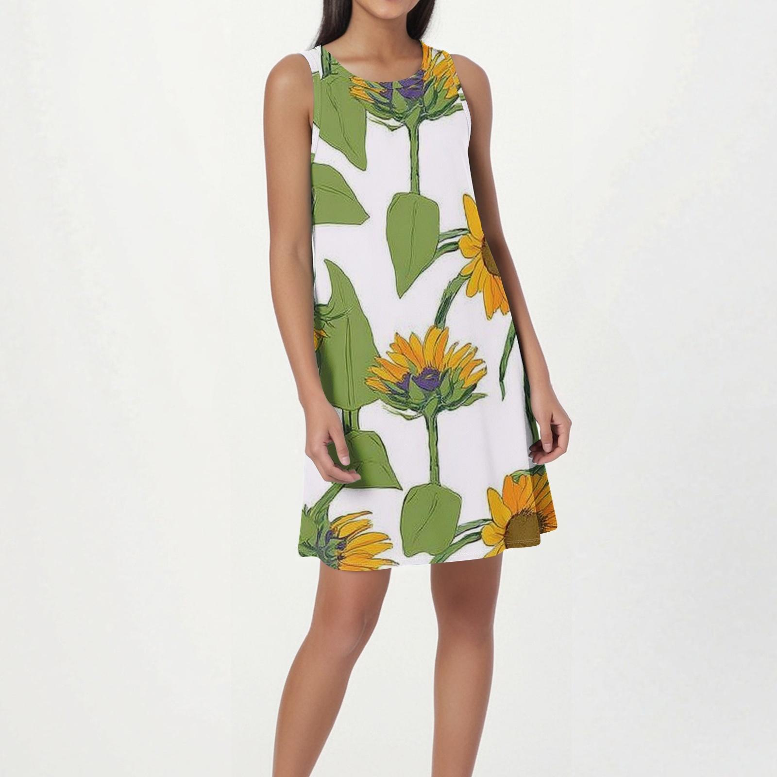 Women s Fashion Beach Dress Sleeveless Round Neck Floral Print Dress L