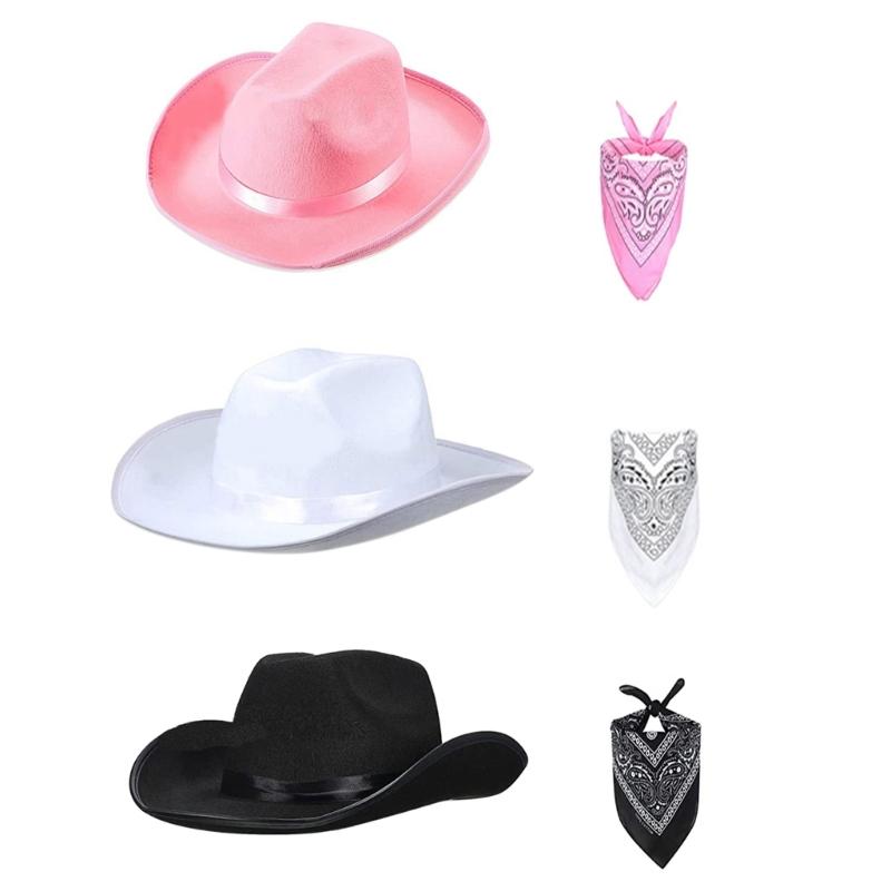 Mens Western Cowboy Hat Bandana Set Cowgirl Hat and Fashionable Pattern Scarf One Size Fit for Most Men and Women