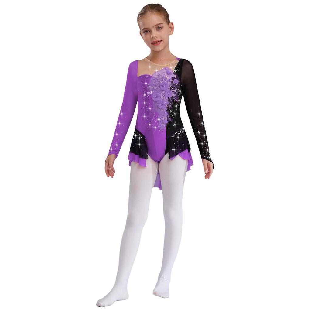 Mädchen Lyrisches Tanzkostüm Applikation Glänzende Strasssteine Rocked Leo Colorblock Mesh Langarm Body