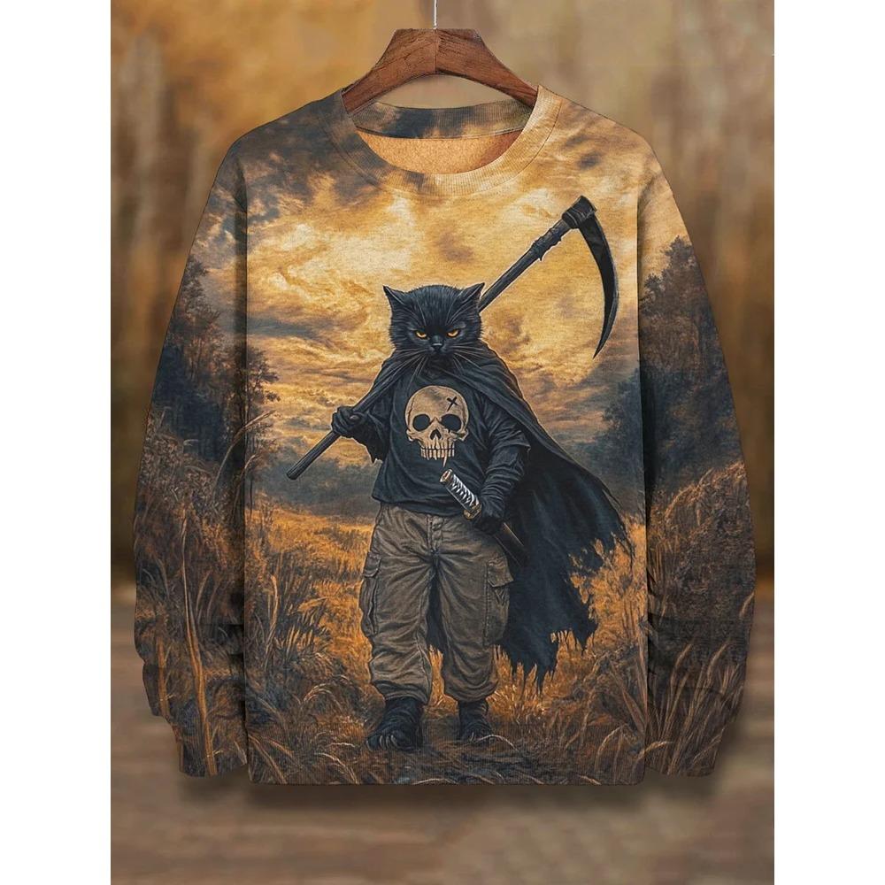 Spring Autumn Sweatshirt Pullover Anime Cat Casual Japanese Art Animal 3D Printed O Neck Long Sleeve Hoodies Tops Pullovers