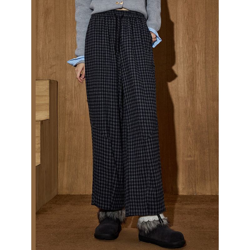 Coolhut Retro Dark Plaid Loose Casual Straight-Leg Pants High-Waisted Lazy Style Winter Women's Casual Pants