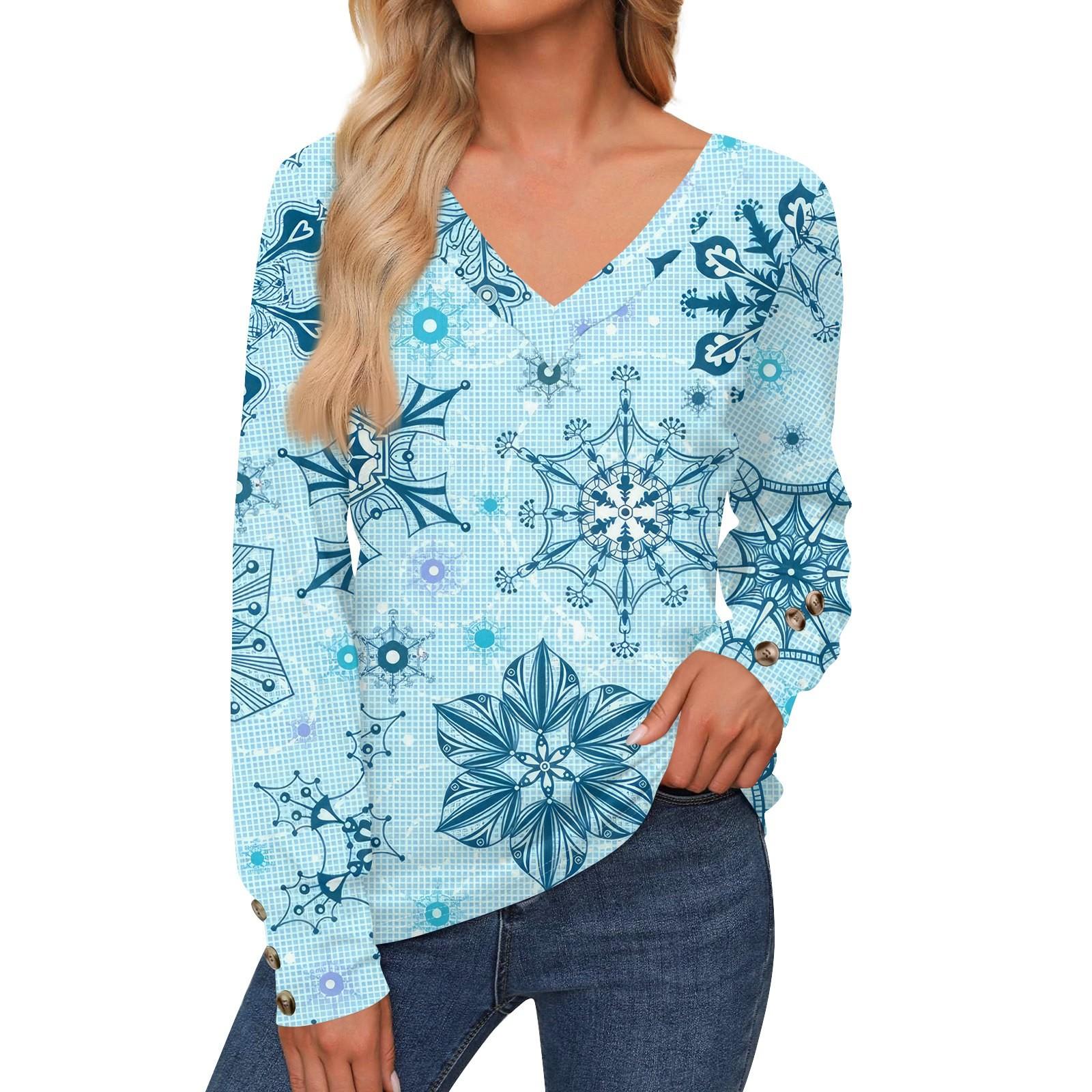 

Женская повседневная модная рождественская рубашка со снежинками и длинными рукавами, манжетами на пуговицах, с V-образным вырезом, свободная футболка, осенняя одежда S