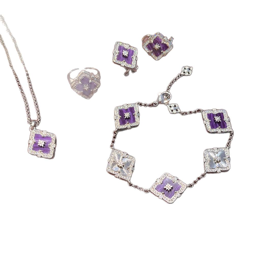 French Retro Four-Leaf Clover Window Grilles, Purple Dragon Crystal Jewelry Set, Necklace, Bracelet, Earrings, And A Ring.