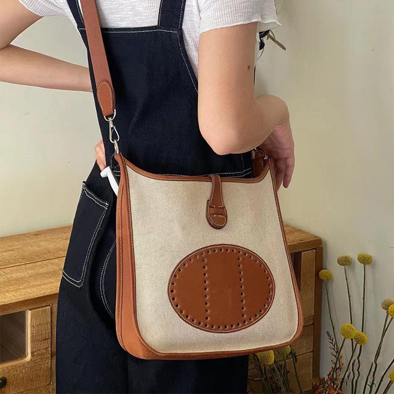Retro bag, bucket bag, vegetable-tanned cowhide patchwork genuine leather women's bag, versatile for commuting, single-shoulder crossbody bag