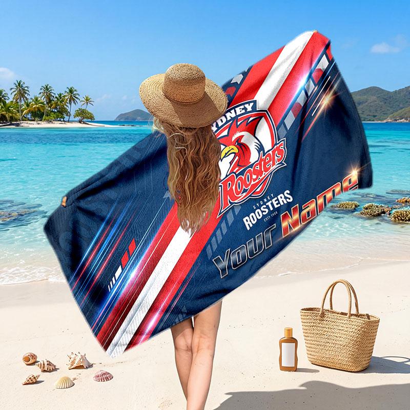 Sydney Roosters Customized Name Text Beach Towel, Soft Absorbent Towel Beach Pool Travel Personal Gift
