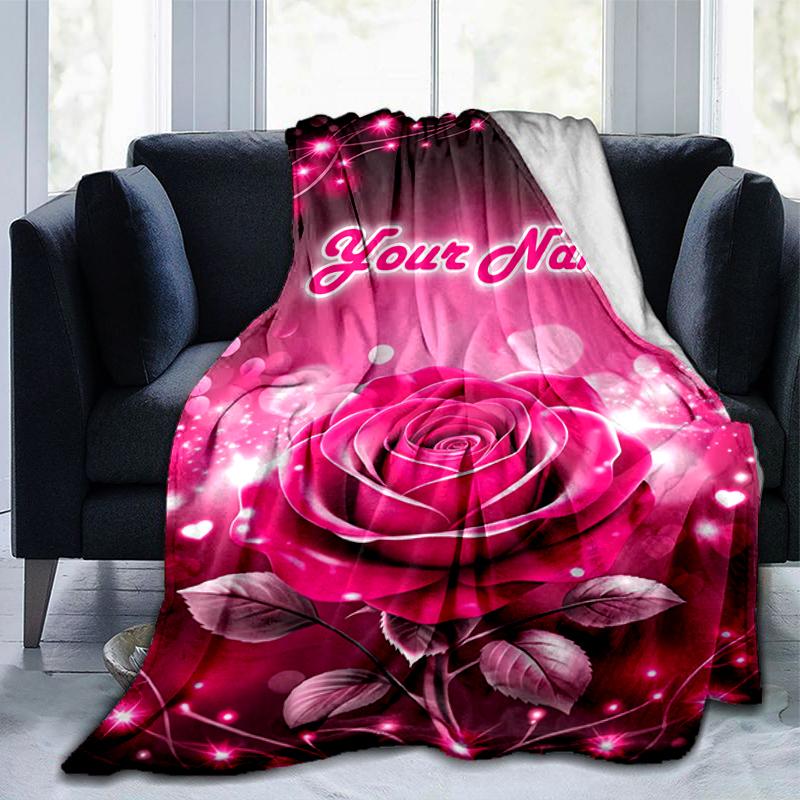1PC Custom Name Pink Rose Romance Flannel blankets Patterns Throw Blanket All-Season Soft Gift for Couch, Bed, Camping gifts