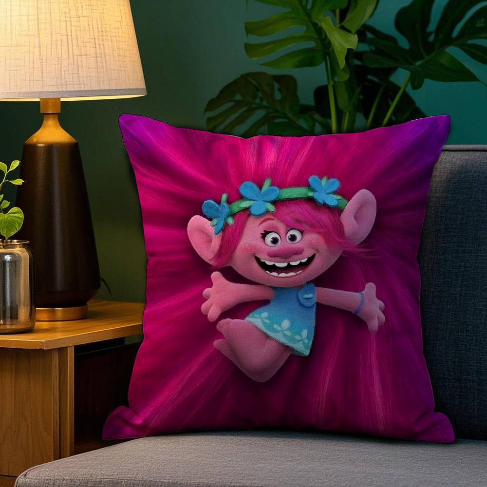 T-TrollsS Cartoon Pillow Case Plush Linen Soft Double Sided Printed Design Throw Cushion Decorative Home
