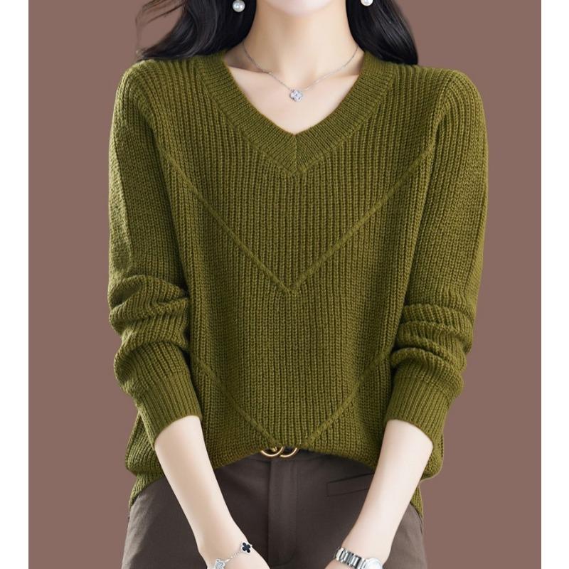 Autumn Winter V-neck Loose Casual Simple Fashion Pullover Sweater Women Solid Color All-match Knitting Top