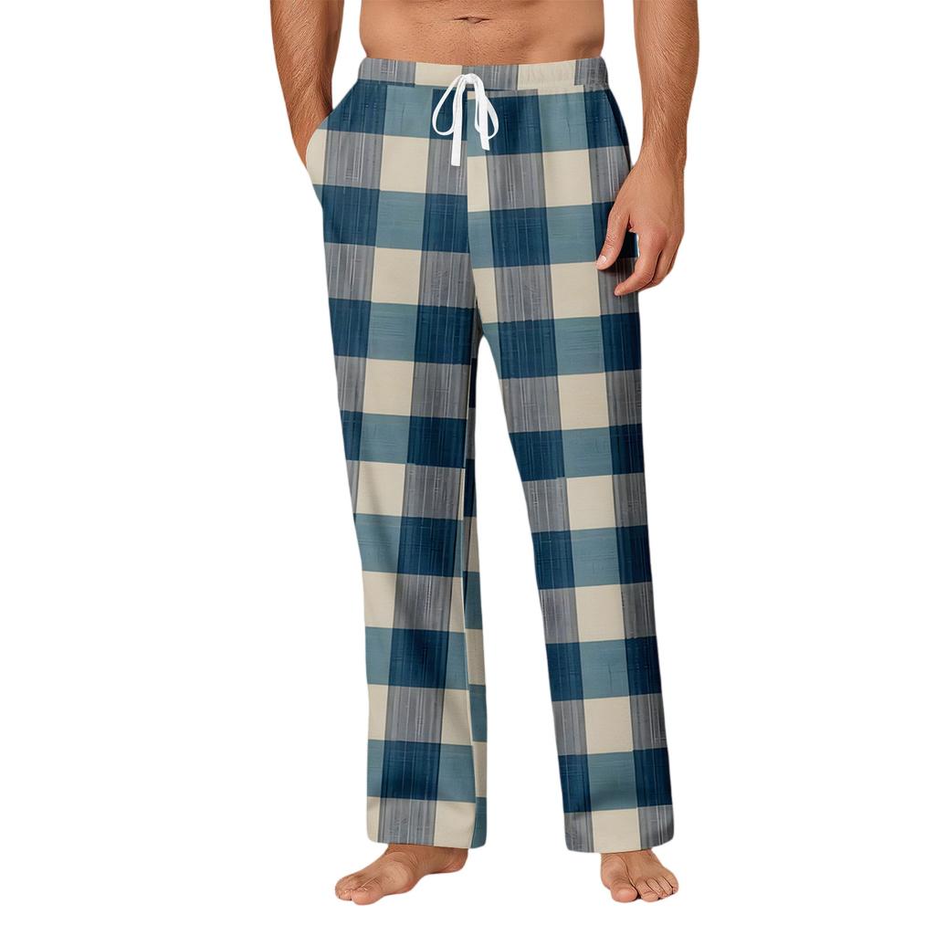 Men's Drawstring Pocket Casual Pants Plaid Stripe Print Pocket Casual Pants Home Pajama Pants