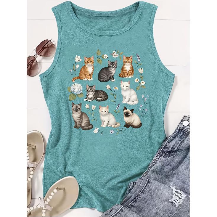 Elegant Vest for Women Multi-pattern cat and floral print casual loose summer tank top Fashionable and soothing cute pet-themed tops for commuting,