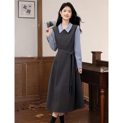 Women's Elegant Color-Block Wool Blend Commuter Dress