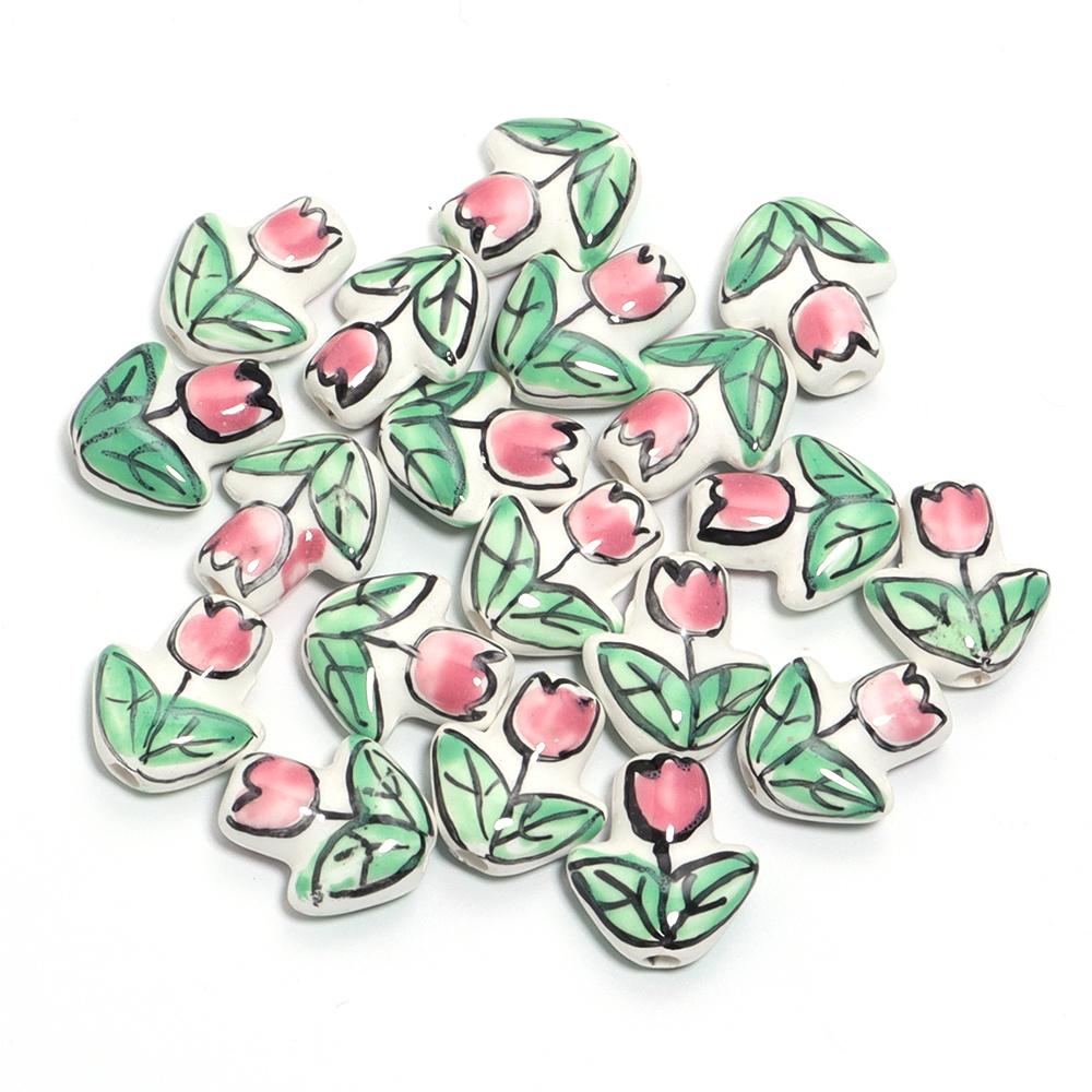 2pcs/lot Hand Painted Tulip Flower Ceramic Beads Colorful Porcelain Loose Beads For Jewelry Making DIY Bracelets Accessories розовый