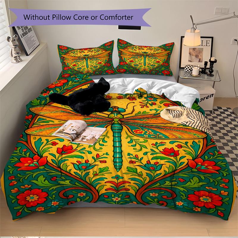 3PCs Dragonfly, Floral Pattern Design Cover Set, Breathable Fabric, Machine Washable (1 Duvet Cover + 2 Pillowcases) (Without Quilt) yy250911177