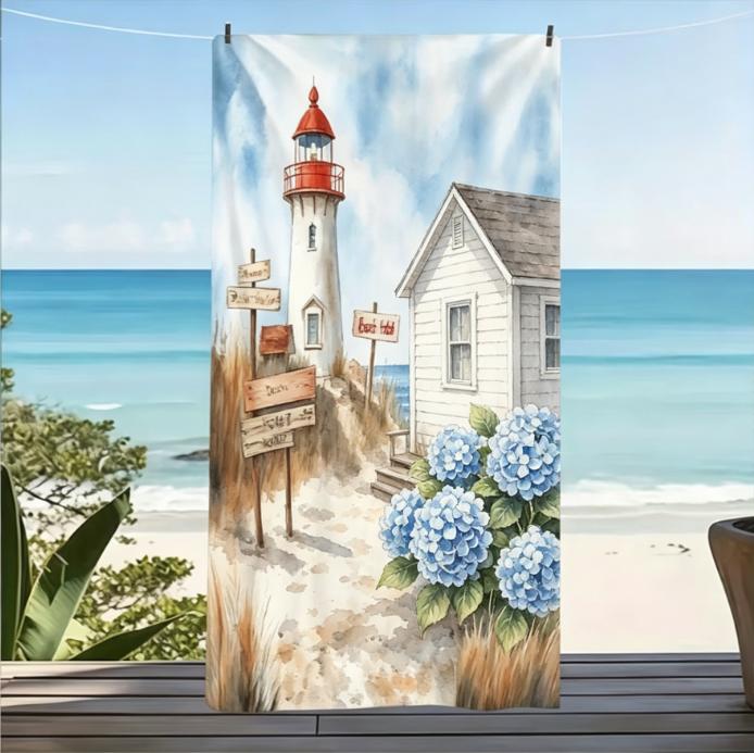 Large Microfiber Beach Towel, Watercolor Seaside Lighthouse Art, Sand Free Quick Dry, for Vacation & Camping