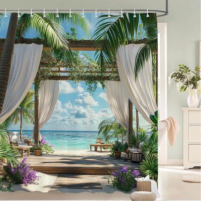 Garden Flowers Beach And Seaside Scenery Style Printed Fabric Shower Curtain Bathroom Curtain,Home Decoration Curtain With Hooks