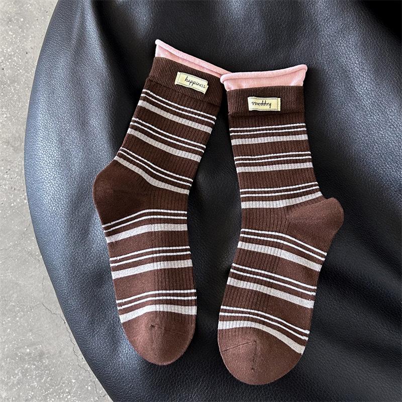 Female Autumn Pattern Color Matching Letter Cloth Mark Splicing Fake Two Tube Pile Socks