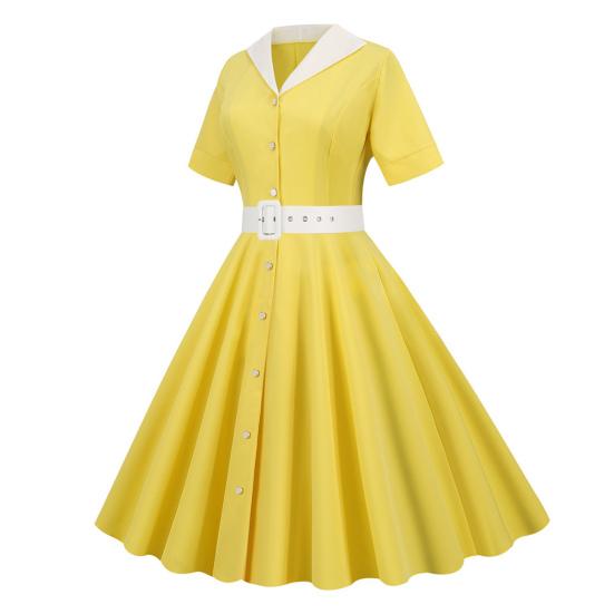 Dámské šaty, výstřih, klopa, jednořadý, s páskem, linie A, velký švih, úzký, vysoký pas, jednobarevné retro, krátký rukáv, princeznovské šaty ve stylu lady midi