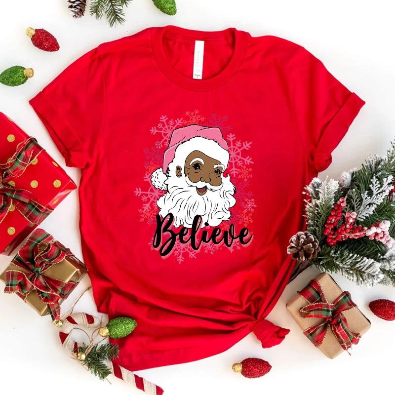 Unisex T-shirty z krótkim rękawem Świąteczne z nadrukiem Wierz w Świętego Mikołaja Damskie Codzienne Topy Harajuku Zabawne T-shirty