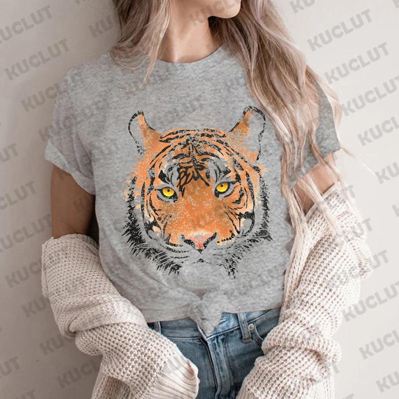 Kortärmad Vardaglig Dammode T-shirt för Kvinnor Tropisk Djungel Vintage Grafisk T-shirt Dam Grunge Tigermönster Sommar T-kläder