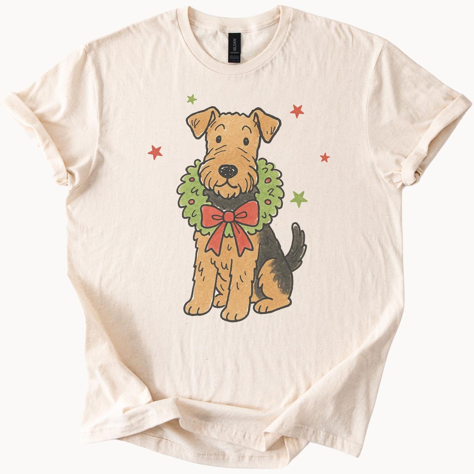 Christmas Dog Shirt with Wreath Cute Holiday Terrier Graphic Tee Christmas Pet Lover Shirt Dog Wearing Bowknot Festive Shirt Gifts for Dog 140